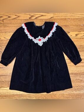 Vintage Jo Lene Girls Black Velvet Feel White Lace Collar Dress Size 5 USA